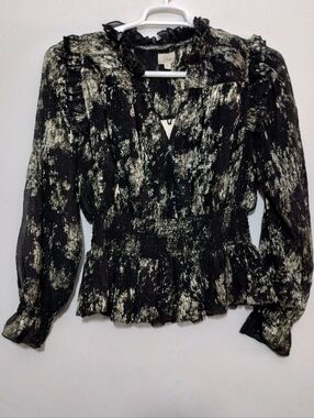 Elan V-Neck Black and gold print Blouse Women's L Prairie Whimsigoth Long Sleeve
